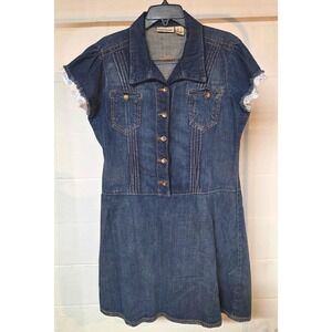 Y2K DKNY Jeans Women XL Medium Wash Denim Dress Pintuck Button Front Floral Trim